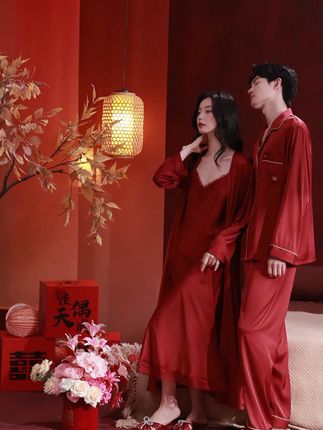 春秋季冰丝红色睡衣结婚新婚情侣套装 #睡衣家居服 #情侣照 #睡衣控 #欧若风
