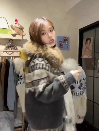 2025新款复古撞色菱格连帽抽绳牛角扣费尔岛女慵懒风宽松毛衣秋冬#品质女装#今天穿什么#时尚#高级感#通勤搭配