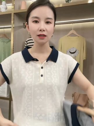 天丝亚麻POLO领拼色针织衫减龄时尚翻领T恤夏季上衣女薄款短袖#谁穿谁好看 #穿出自信穿出美丽 #面料舒适透气 #品质女装 #短袖推荐
