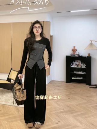 撞色阴影拼接假两件上衣+弹力松紧腰抽绳直筒裤 #时髦精 #优雅知性 #显瘦穿搭 #品质女装 #穿出高级感