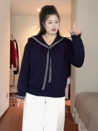韩系学院风大码撞色海军领2025秋冬针织衫毛衣时尚百搭上衣女H806#韩系学院风 #大码毛衣 #撞色海军领 #秋冬针织衫 #女士上衣