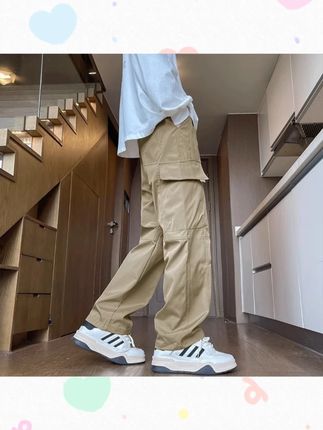 #长裤 #男士休闲裤 #裤子 #百搭神裤 #裤子推荐 卡其色加长工装裤男生高个子190春秋新款宽松直筒休闲冲锋裤男款
