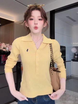 EK高级老钱风排扣翻领羊毛针织衫女秋季新款修身显瘦刺绣上衣#显瘦穿搭 #穿出高级感 #品质女装 #夏季新款 #显瘦显高