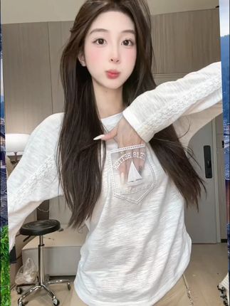 松弛感设计感拼接花边蕾丝白色长袖T恤女22771# 设计感花边蕾丝长袖T #温柔甜美上衣  #甜美穿搭  #上衣穿搭  #约会穿搭  #韩系穿搭