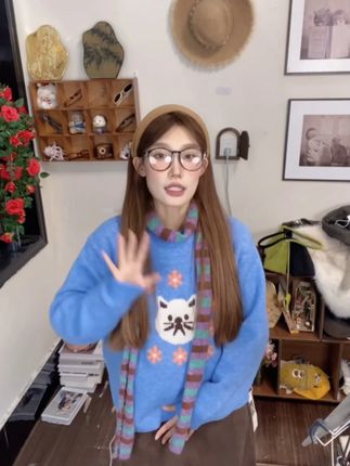 羊毛慵懒风薄款猫咪通勤提花针织衫套头针织衫美式可爱复古嘻哈风#时尚 #大气 #高级 #气质 #休闲