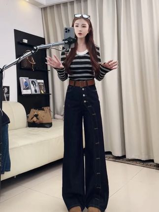 时髦设计感直筒牛仔裤女春秋季新款网红辣妹潮流阔腿 #显瘦 #牛仔裤 #百搭神裤 #高腰牛仔裤 #阔腿裤
