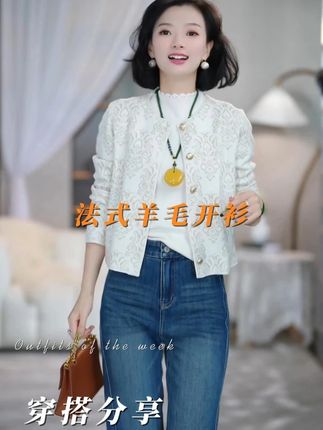 西子/【阿基米德】法式温柔百搭提花绵羊毛奶白色开衫 #羊毛开衫 #开衫外套 #法式上衣 #秋天外套 #气质穿搭