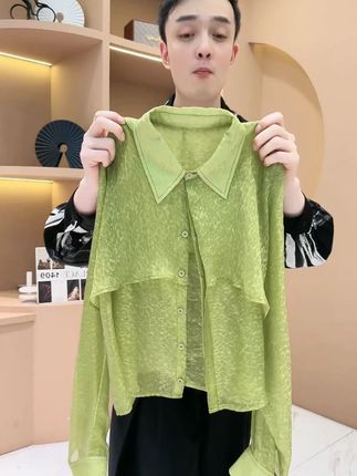 【韩哥女装】夏季冰丝凉感橄榄绿叠层蝙蝠袖时尚休闲衬衫#夏季新款 #谁穿谁好看 #穿出高级感 #面料舒适透气 #显瘦穿搭