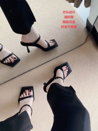 2025夏季新款爆款一字带方头百搭露趾高跟凉鞋女时尚细跟气质拖鞋