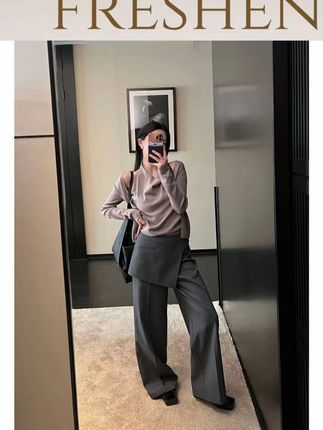 气质感假两件拼接围裙式高腰阔腿休闲裤女秋季新款直筒拖地长裤子#假两件 #拖地长裤