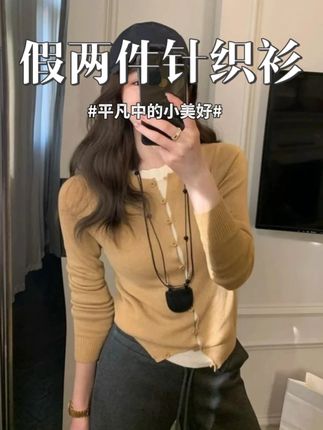 秋季时髦洋外穿气拼接长袖开衫假两件针织衫女设计感毛衣外搭上衣 #谁穿谁好看 #针织衫 #假两件针织衫 #针织开衫 #显瘦穿搭 @DOU+小助手