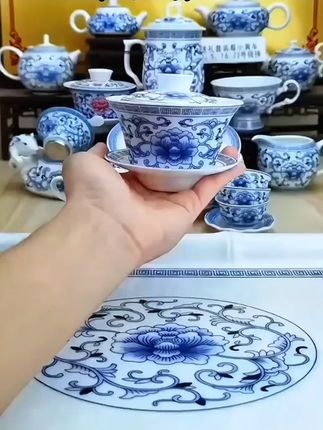 雅诚高骨骨瓷盖碗#茶碗 #满杯200毫升 #潮州青花瓷釉中彩 #三才盖碗 #高端茶具