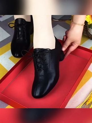 【推荐】软皮单鞋女2025夏季新款粗跟中低跟系带黑色工作舞蹈女鞋子#舞蹈单鞋 #女鞋 #单鞋女 #妈妈鞋 #皮鞋