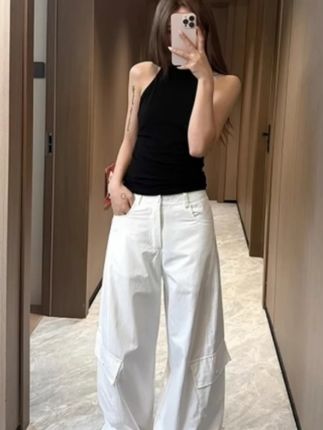 【美伢清仓现货】美式复古女秋季新款高腰宽松阔腿拖地裤弯刀裤子#高腰宽松 #美式复古 #阔腿裤 #弯刀裤