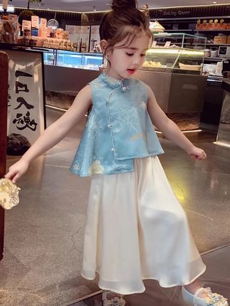 女童新中式国风套装夏装2025新款小女孩缎面提花上衣阔腿裤两件套 #精选好物 #日常vlog #强烈推荐