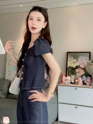 KUN【丹宁少女】复古原牛色 重工水洗蓝带撒银氛围感扭结领口套装#显瘦穿搭 #夏季穿搭 #复古穿搭 #高级感穿搭