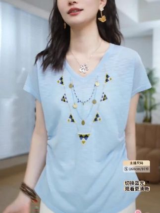 HELAAOMI “小岛微风”莱赛尔亚麻刺绣钉珠显瘦针织短袖#邱莹莹 #短袖t恤 #夏季新款 #穿出高级感 #精致优雅