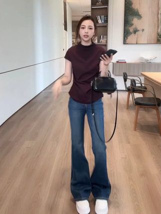 【C07229早秋新款INS潮小个子设计感侧边小标显瘦高腰牛仔微喇裤】#早秋新款 #INS潮 #侧边小标 #显瘦高腰牛仔微喇裤