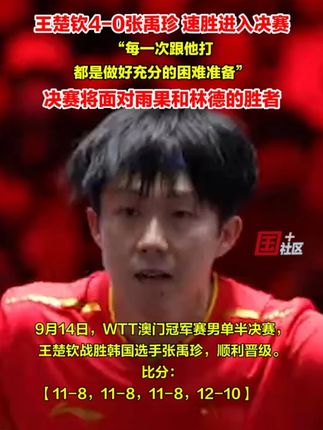 9月14日,WTT澳门冠军赛男单半决赛,王楚钦战胜韩国选手张禹珍,顺利晋级。王楚钦表示和张禹珍也是老对手了,每一次跟他打都是做好充分的困难准备。