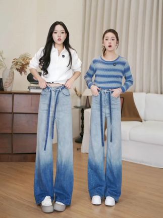 渐变烫钻阔腿牛仔裤女2025年新款夏季薄款超火垂感宽松喇叭直筒裤