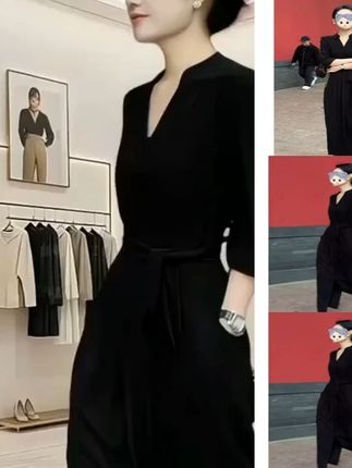 法式简约休闲宽松连衣裙女早秋微胖显瘦气质系带收腰黑色开叉裙子 #法式连衣裙 #显瘦穿搭 #早秋女装 #宽松连衣裙 #气质裙子