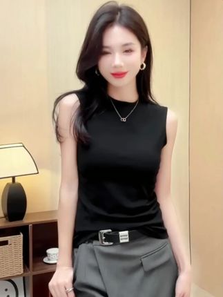 黑色修身螺纹棉半高领吊带背心女内搭夏季新款纯色百搭无袖打底衫#夏季内搭 #黑色吊带 #女生穿搭 #纯色打底衫 #百搭时尚