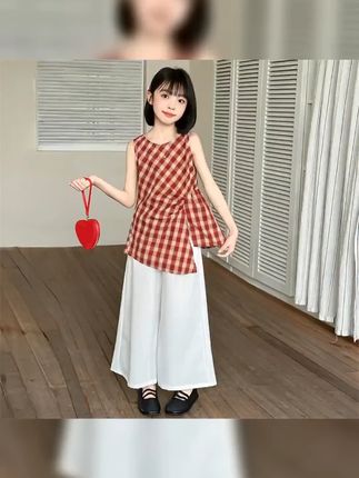 儿童白色外搭开衫 #女童穿搭 #夏季穿搭 #格子控 #优雅气质 #女童套装 女童夏季套装儿童装新款洋气无袖韩版复古格子气质休闲阔腿裤夏装