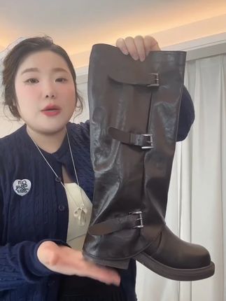 美拉德长靴女秋大码厚底高筒骑士靴子胖mm长筒靴大筒围粗腿裤管靴#长靴 #靴子 #高筒靴