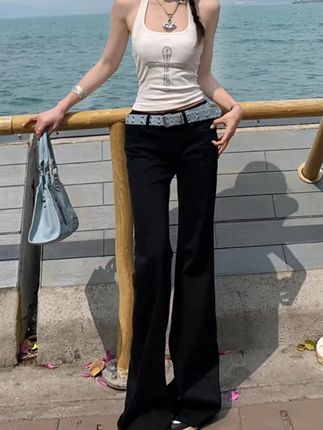 黑色辣妹低腰圆口袋设计微喇牛仔裤女早秋新款修身弹力直筒喇叭裤 #洋气上档次 #百搭裤子 #休闲减龄穿搭 #时尚穿搭 #高级感穿搭