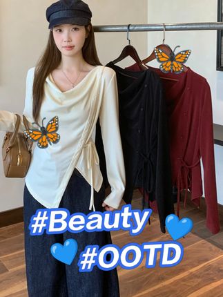 2025秋装新款胖mm大码女时尚不规则荡领T恤法式气质绑带 #ootd穿搭 #今天穿什么 #穿搭喜欢我关注我 #女装 #穿搭日记