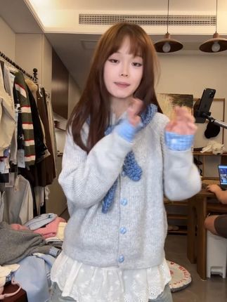 韩系复古灰色翻领长袖针织开衫女春秋新款慵懒风宽松显瘦毛衣 #品质女装#时髦精#高级感#显瘦遮肉#针织毛衣