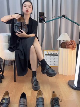 羊皮版!真皮厚底乐福鞋女英伦风一脚蹬单鞋魔术贴粗跟棕色小皮鞋