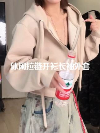 2025新款复古短款露脐连帽卫衣女春秋宽松休闲拉链开衫长袖 #显瘦穿搭 #今天穿什么 #品质女装 #女装👚 #显瘦遮肉