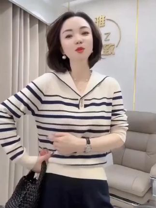 80-160斤】海军领翻领,条纹套头针织衫,2025秋冬打底长袖上衣 #女人就要自信  #针织衫  #打底衫 #上衣  #谁穿谁好看