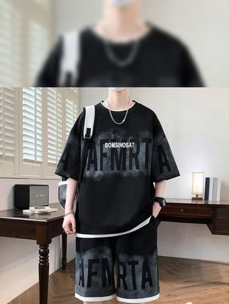 夏季两件套印花字母短袖套装男生潮流百搭T恤一套搭配休闲短裤#夏季新款 #短袖t恤 #男生穿搭 #潮牌男女同款 #遮肉显瘦