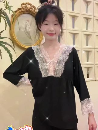 法式黑色睡衣女春秋季莫代尔冰丝长袖长裤家居服带胸垫套装慵懒感#法式睡衣 #女士春秋睡衣 #莫代尔冰丝睡衣 #带胸垫睡衣 #慵懒风睡衣
