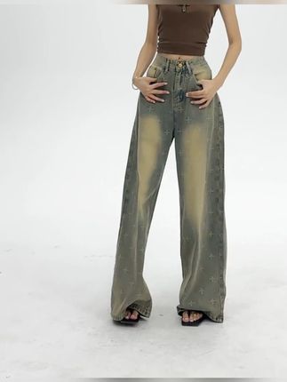 新款复古重工小众十字星满印设计牛仔裤女宽松休闲水洗做旧直筒裤#显高显瘦显腿长 #百搭神裤 #夏季新款 #简约搭配 #梨形身材穿搭