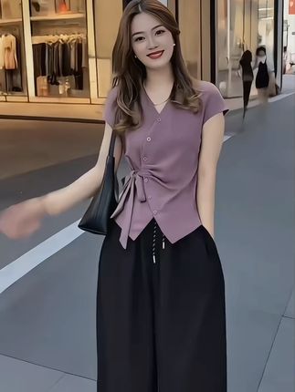 1421法式设计感显瘦收腰上衣女百搭时尚T恤2025夏季新款褶皱绑带小衫#谁穿谁好看 #穿出高级感#今天穿什么#做个美美的小仙女#温柔风穿搭