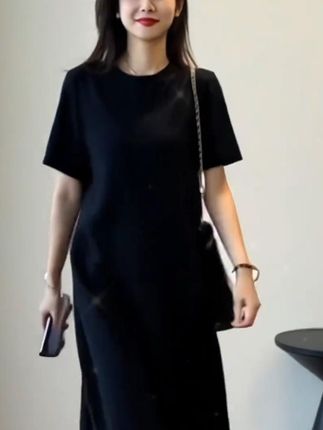 纯色圆领短袖宽松连衣裙女2025春夏收腰过膝修身显瘦大码长裙 #最超前的入秋搭子出现了