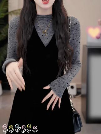 气质波点T恤黑色丝绒背心连衣裙两件套2025新款秋季套装 #高级感穿搭#温柔穿搭#穿出高级感#优雅知性#连衣裙