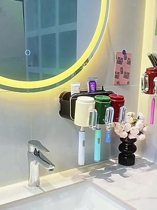吸盘牙刷置物架壁挂式带把手漱口杯挂架牙杯牙膏卫生间一体收纳架#卫生间收纳 #牙刷置物架 #洗漱用品收纳 #壁挂式设计 #家居好物