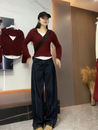 拼色连帽半拉链假两件长袖t恤2025秋季新款修身显瘦褶皱女装 #显瘦穿搭 #品质女装 #显瘦遮肉 #今天这样穿 #穿衣搭配