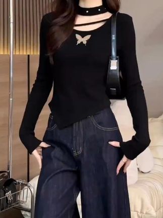 【现货】2025秋季新款 时尚蝴蝶装饰纯色百搭修身显瘦洋气 #每日穿搭 #时尚女装 #修身显瘦 #上衣 #穿的美美哒
