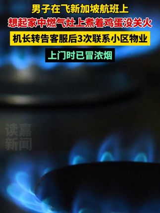 男子在飞新加坡航班上,猛然想起家中燃气灶上煮着鸡蛋没关火!机长转告客服后3次联系小区物业,上门时已冒浓烟#飞机上 #危险瞬间 #燃气灶 #火灾隐患