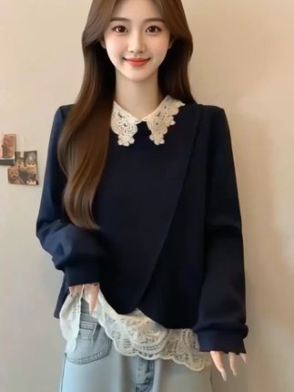 大码假两件娃娃领蕾丝拼接卫衣女春秋微胖MM宽松显瘦百搭洋气上衣早秋黑白灰穿搭测评 #早秋穿搭显贵法则  #轻松摆脱路人感的韩系穿搭  #我的双11必买清单