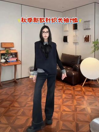 不理理秋季新款女装设计感假两件撞色针织长袖T恤 PCNY「条边黑调」不理理秋季新款女装设计感假两件撞色针织长袖T恤#ootd穿搭 #穿出高级感 #时髦精 #高级感 #秋季新款假两件长袖T恤