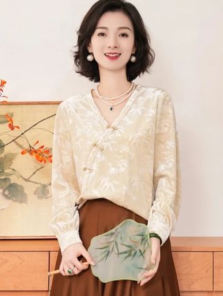 西子/【鎏金竹影】韩国进口高密弹力丝绒烫金压花上衣衬衣/SYBH561 #新中式国风 #温柔风穿搭 #优雅气质 #时尚穿搭 #轻奢上衣