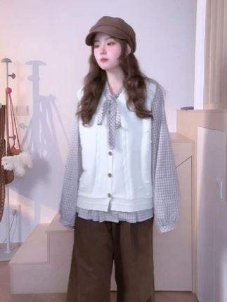 早秋学院风休闲穿搭俩件套装女米白麻花针织马甲背心女格纹衬衫#马甲背心女格纹衬衫 #学院风休闲穿搭