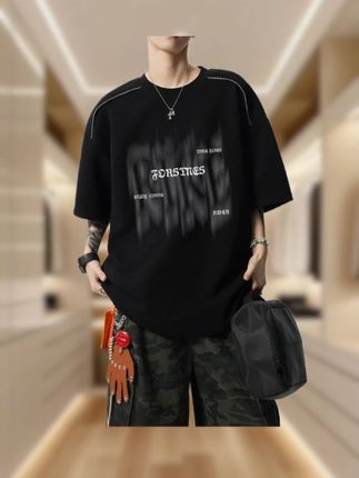 260g重磅短袖男模糊字母T恤男士夏季潮牌宽松美式高街情侣五 #男士短袖 #重磅 #美式 #高街 #男装