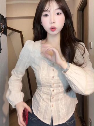 韩国小众设计早秋法式方领蕾丝显瘦长袖衬衫上衣Q 9515##显瘦 #御姐